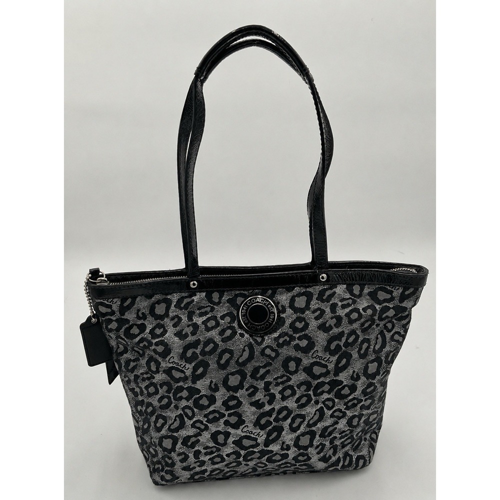 Coach F21061 Metallic Silver Black Gray Ocelot Animal Print Tote Bag Patent Trim